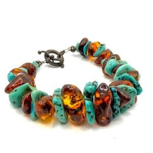 Vintage 90s Natural Turquoise Baltic Amber Chunky Boho Toggle Bracelet